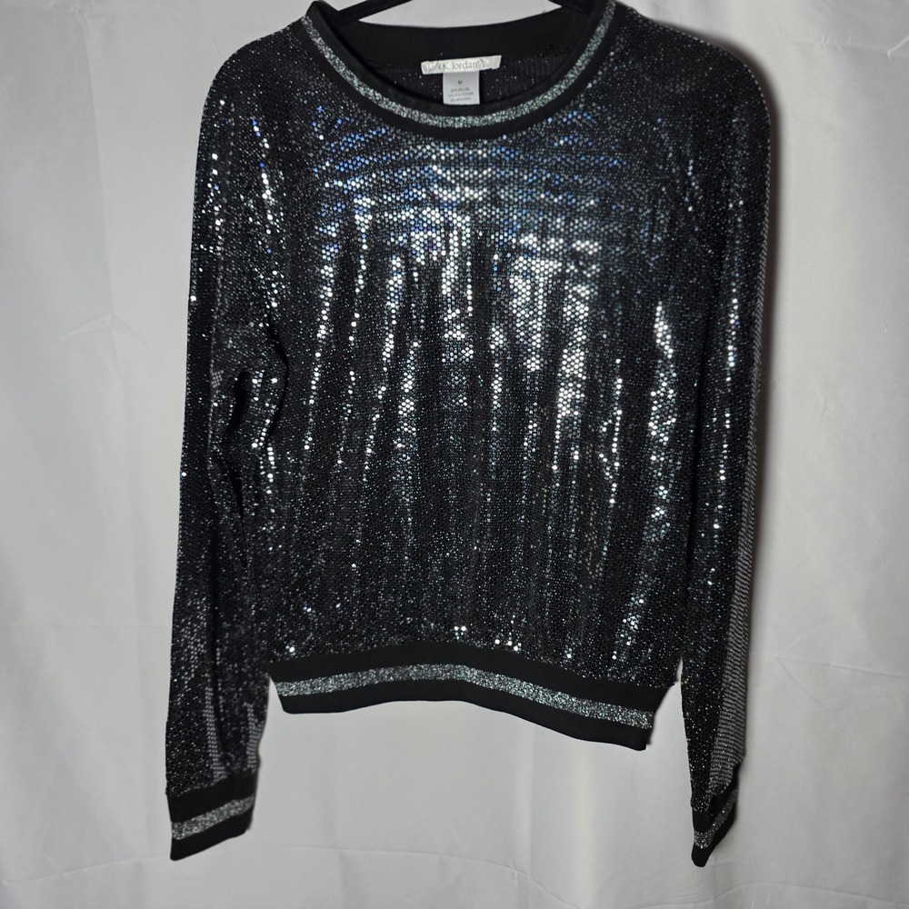 K Jordan Black Sequin Sparkle Long Sleeve Top Women's Medium M Bling Evening